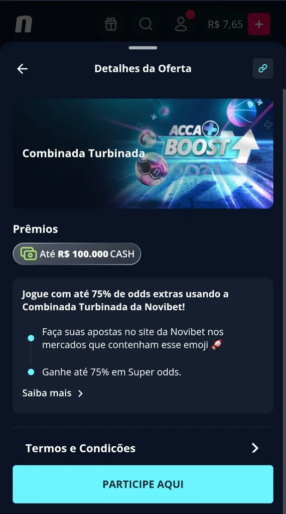 Promoção Combinadas Turbinadas na Novibet com explicação de limites e indicação de mercados elegíveis com emoji