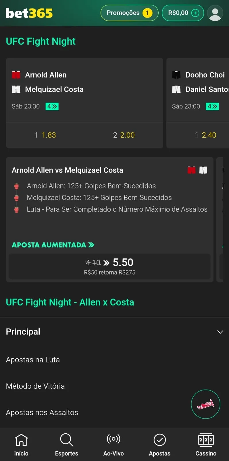 Lutas do UFC com destaque para as odds atuais dos principais confrontos do UFC Fight Night na Bet365.