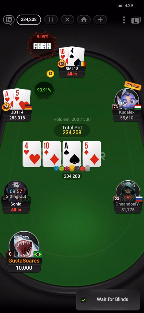 jogo de poker Texas Holdem na GGpoker no momento do showdown.