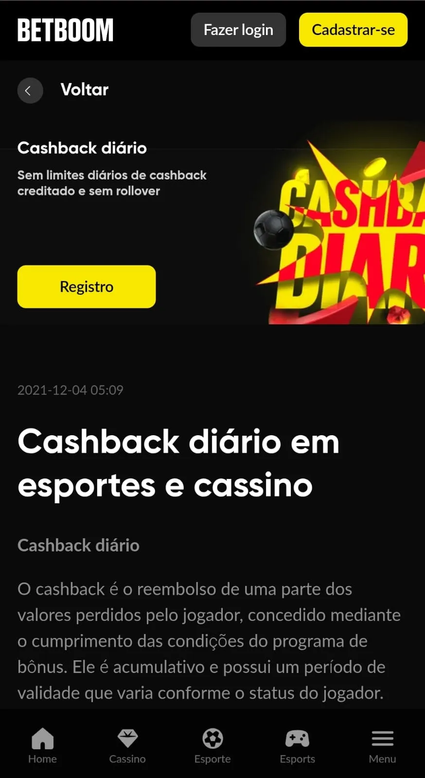 Oferta de cashback diário da Betboom com até 6% de reembolso nos esportes e cassino.
Data: 03/08/2026