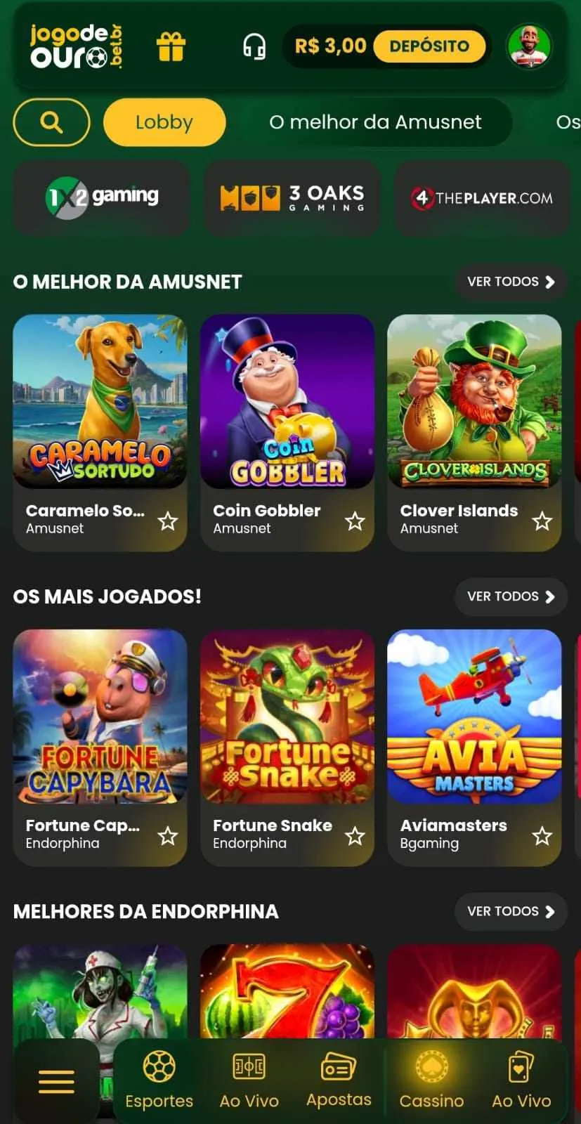 Cassino da Jogo de Ouro com slots da Amusnet, lista dos mais jogados e melhores da Endorphina.
