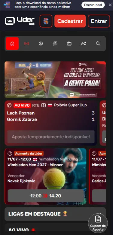 Seção de esportes da Liderbet com destaque para odds aumentadas em Djokovic como vencedor de Wimbledon 2027