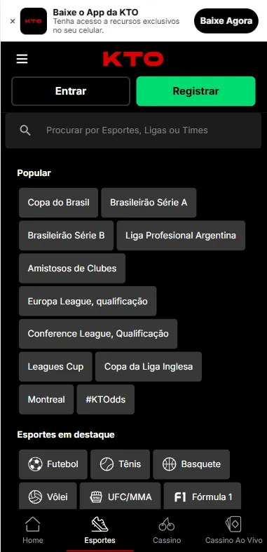 Busca por ligas, competições populares como Copa do Brasil e Brasileirão Série A e modalidades esportivas na KTO