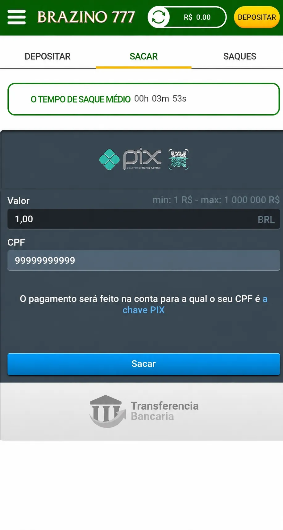 Print do painel de saques da Brazino777, com limites de até R$ 1 milhão por transferência.