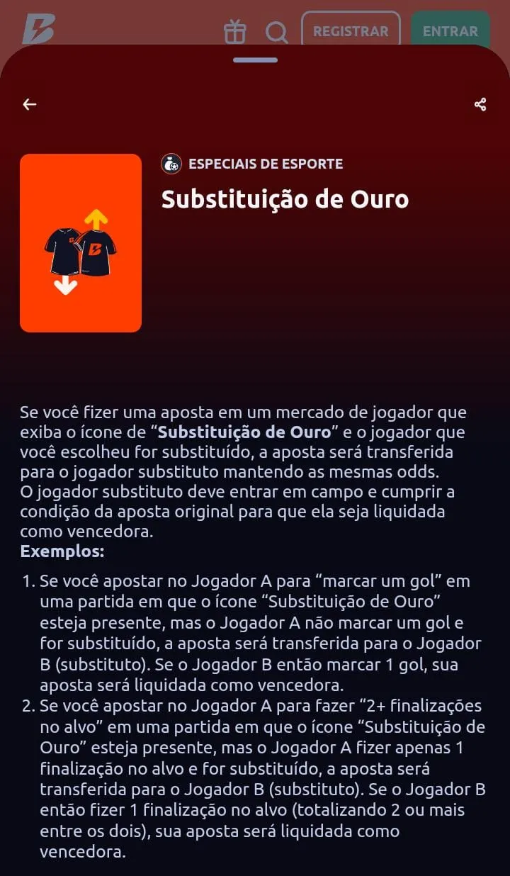Substituição de Ouro da Betano, com texto explicativo da oferta e imagem de duas camisetas sendo trocadas