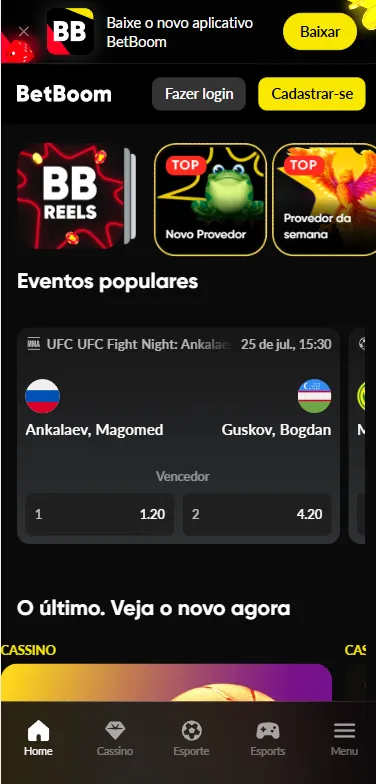 Página inicial da BetBoom com eventos esportivos, mercados de apostas e acesso às categorias da plataforma