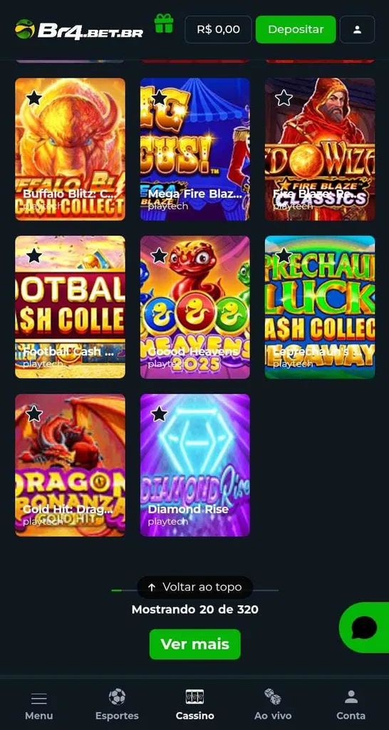 Grade com ícones de 8 jogos do Playtech cassino Br4Bet, incluindo Buffalo Blitz e Mega Fire Blaze

