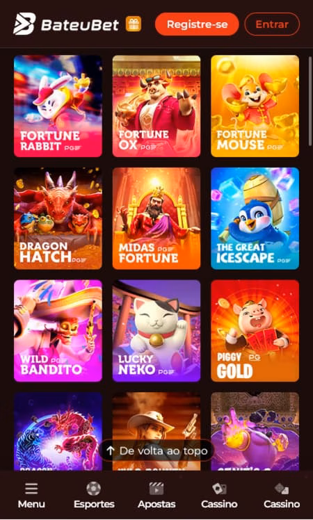 Plataforma BateuBet mostrando jogos de slots populares como Dragon Hatch, Midas Fortune e Lucky Neko.