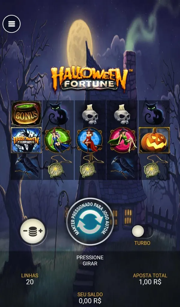 Diferentes símbolos na grade 5X3 do jogo Halloween Fortune, com botão de giro ao centro e valor de aposta total a R$ 1