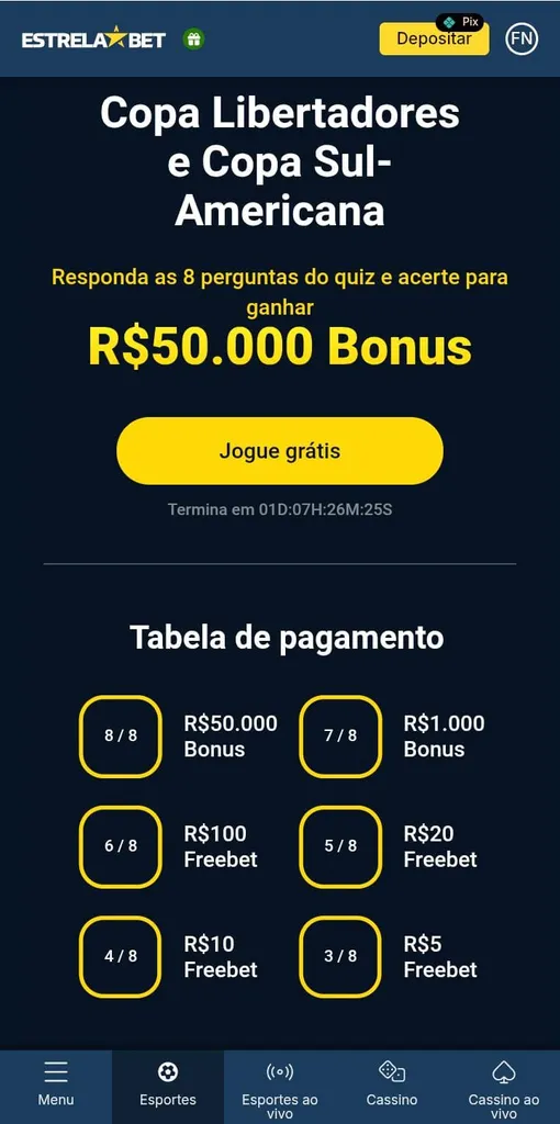 Quizz grátis da Estrelabet, com prêmio máximo de R$50.000 em destaque e botão de Jogue Agora
