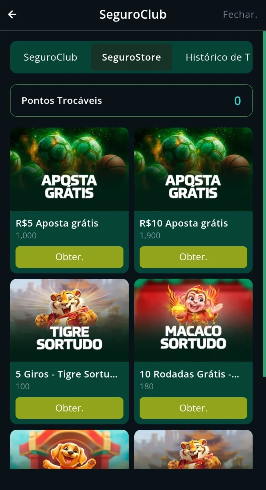 Loja de prêmios da Segurobet, com diferentes ofertas para esportes e cassino, com destaque para o valor do bônus.