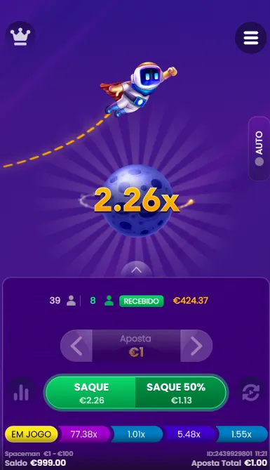 Rodada ativa do Spaceman com multiplicador a 2.26x e opções de saque a 2.26 e saque 50% a 1.13