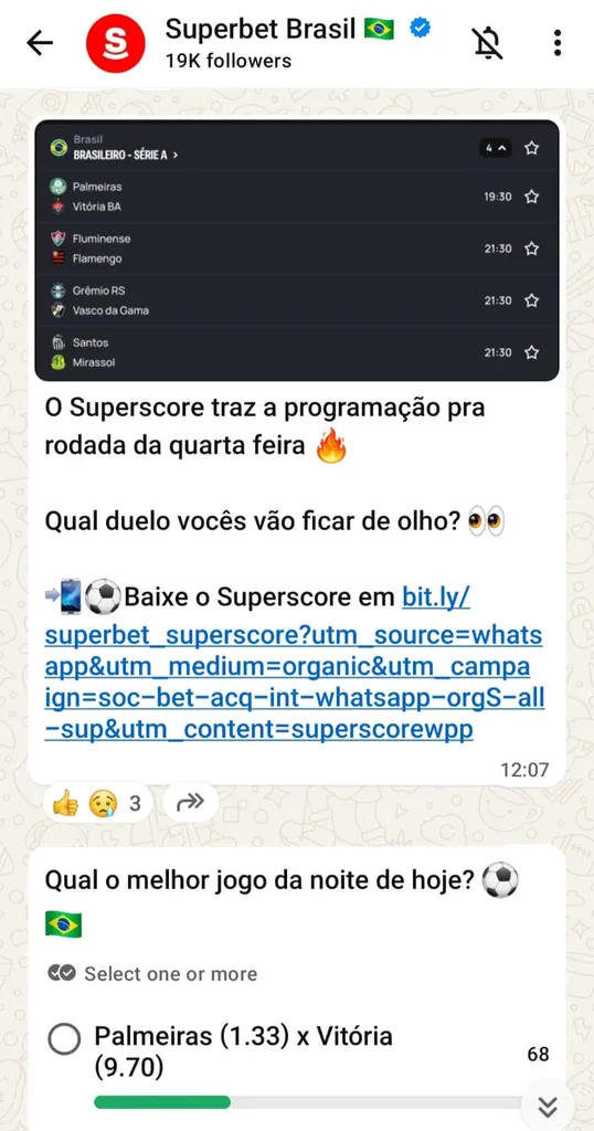 Canal da Superbet no Whatsapp com oferta Superscore nos jogos da rodada do Brasileirão e lin para acessar o site.