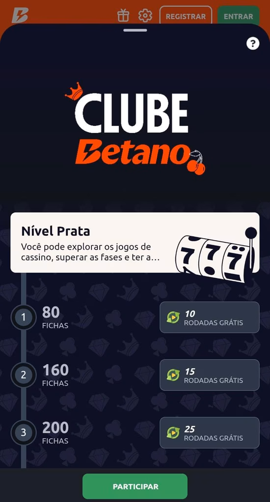 Oferta Clube Betano com recompensas do nível prata, com 10, 15 e 25 rodadas grátis.