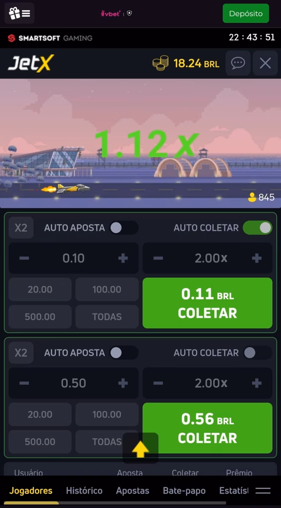 Rodada do jogo do foguetinho na Vbet, com valor de coletar em 0.11 BRL em 1 botão de aposta em 0.56 BRL no outro 
