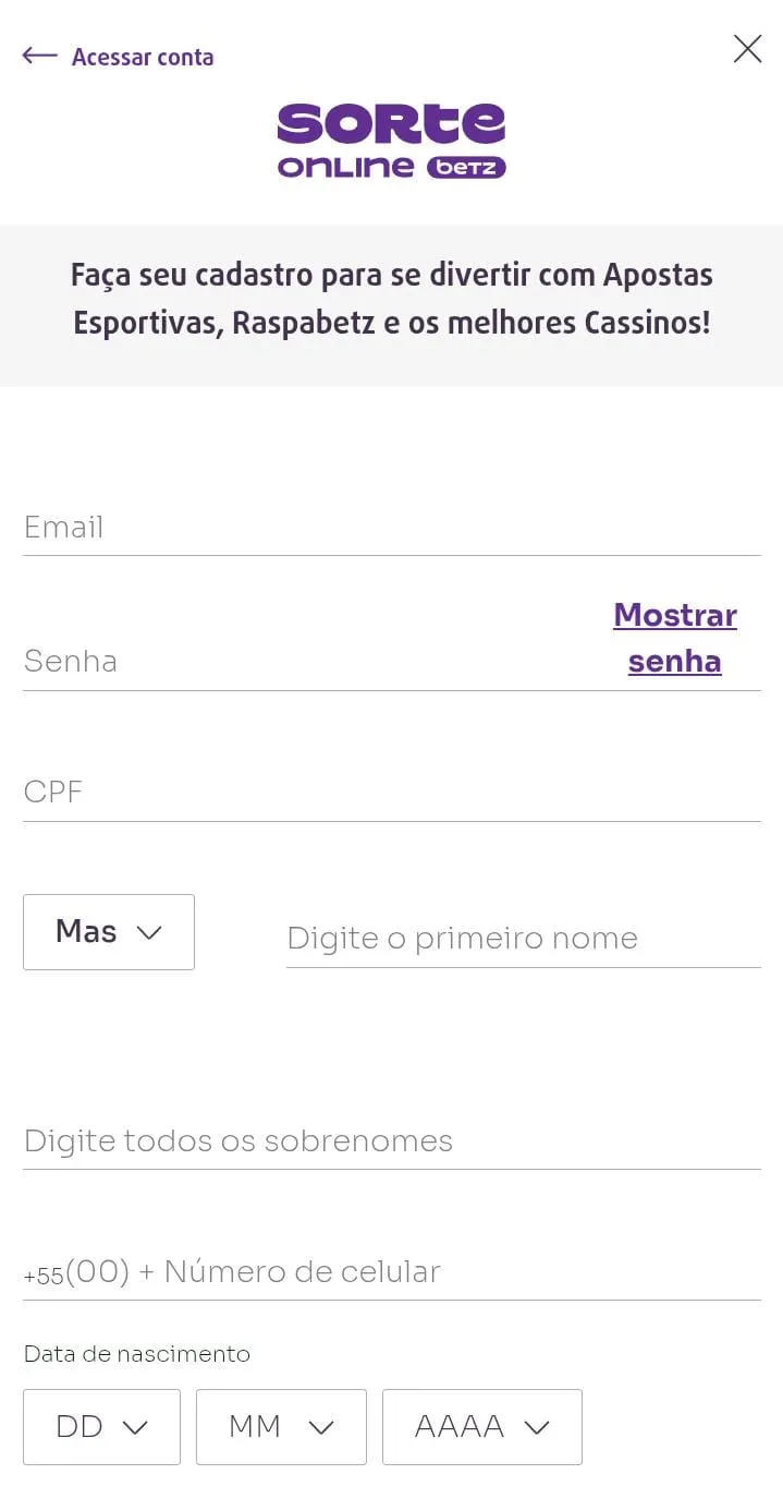 Formulário de cadastro da Sorte Online, com campos de email, senha, CPF, nome e data de nascimento