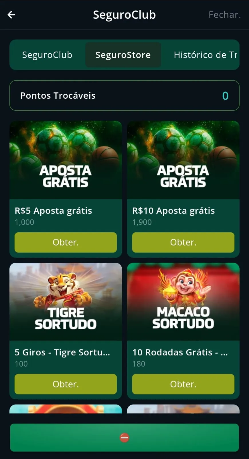 Loja do programa de fidelidade da Segurobet com oferta de apostas grátis e giros extras para slots.