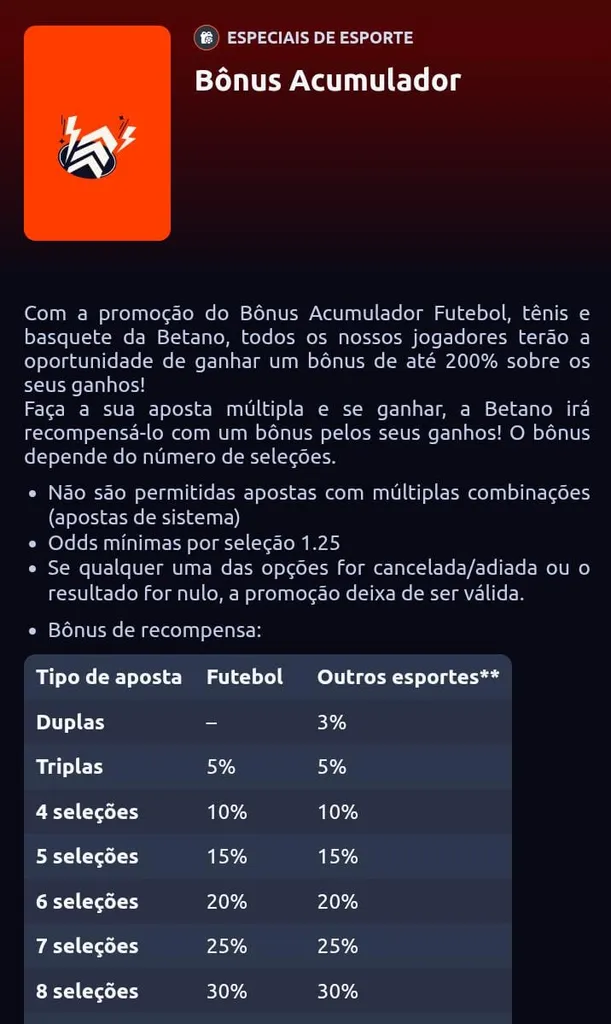 Regras do bônus acumulador da Betano, com texto explicativo e listagem da porcentagem do bônus entre 2 a 8 seleções
