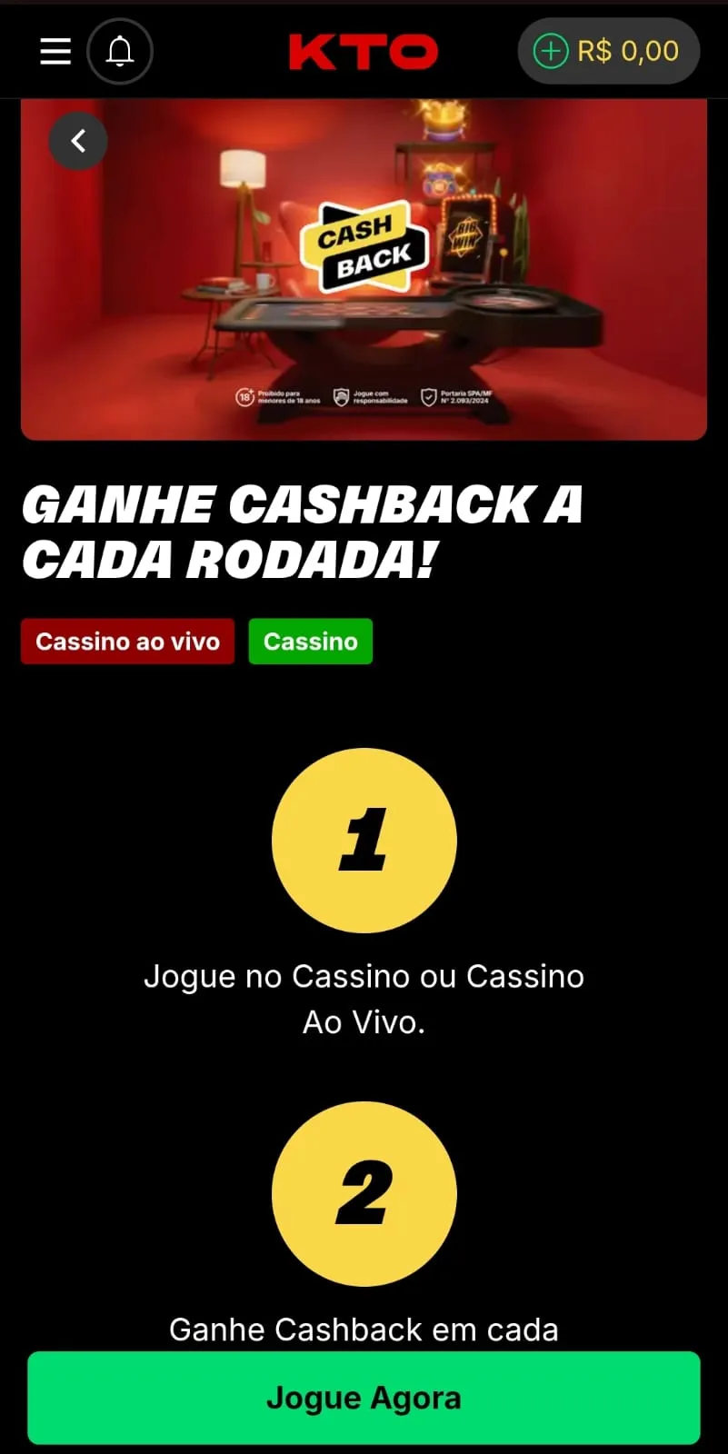 captura de tela da oferta “Ganhe cashback a cada rodada” da KTO, disponível para o slot Pinata Wins.
Data do print: 11/05/26