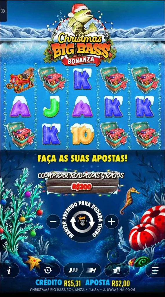 Diferentes símbolos cobertos de neve na grade 5x3 do slot Christmas Big Bass Bonanza