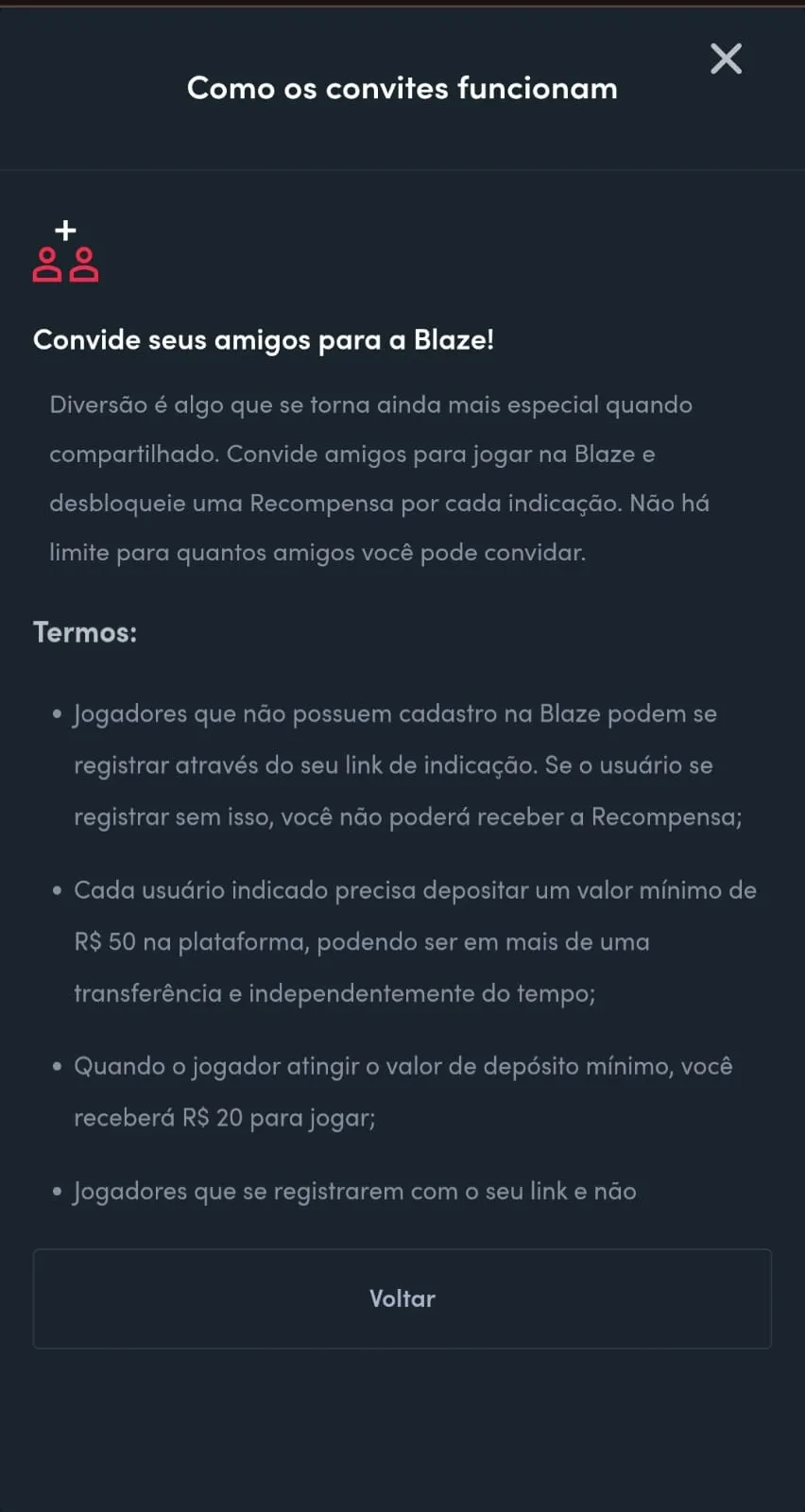 Condições da oferta de indicação da Blaze