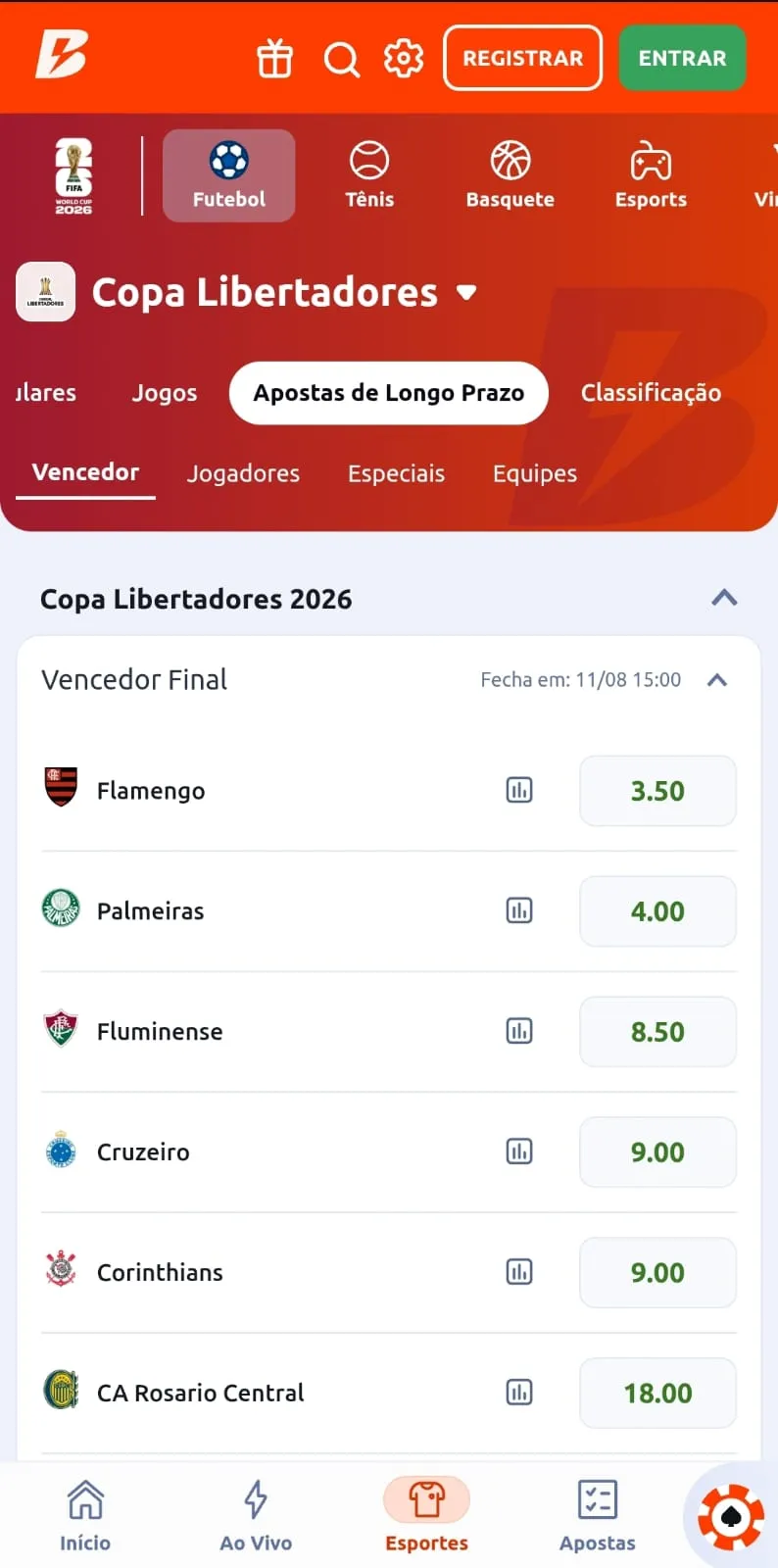 Cotações para o Vencedor Final da Copa Libertadores 2026 na Betano, com Flamengo, Palmeiras e Fluminense como favoritos.