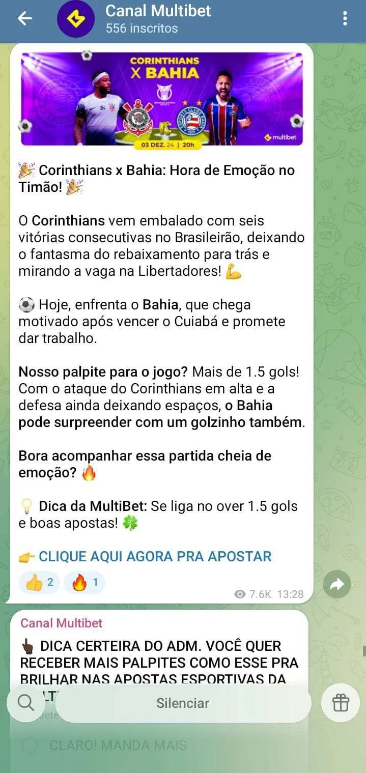 Canal do Telegram da Multibet com mensagem de dica de palpites para o jogo Corinthians x Bahia