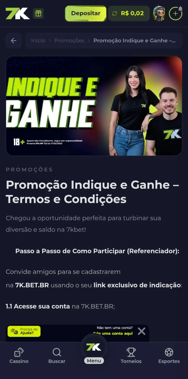 Banner da 7kBet destacando a oferta de "Indique e Ganhe" com  R$ 50 para cada convidado.