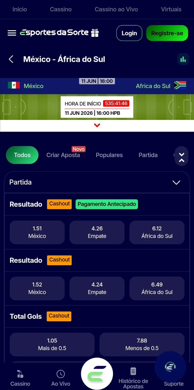 Mercados Resultado com Pagamento Antecipado, 1x2 e 1º Gol jogo do México x Africa do Sul
