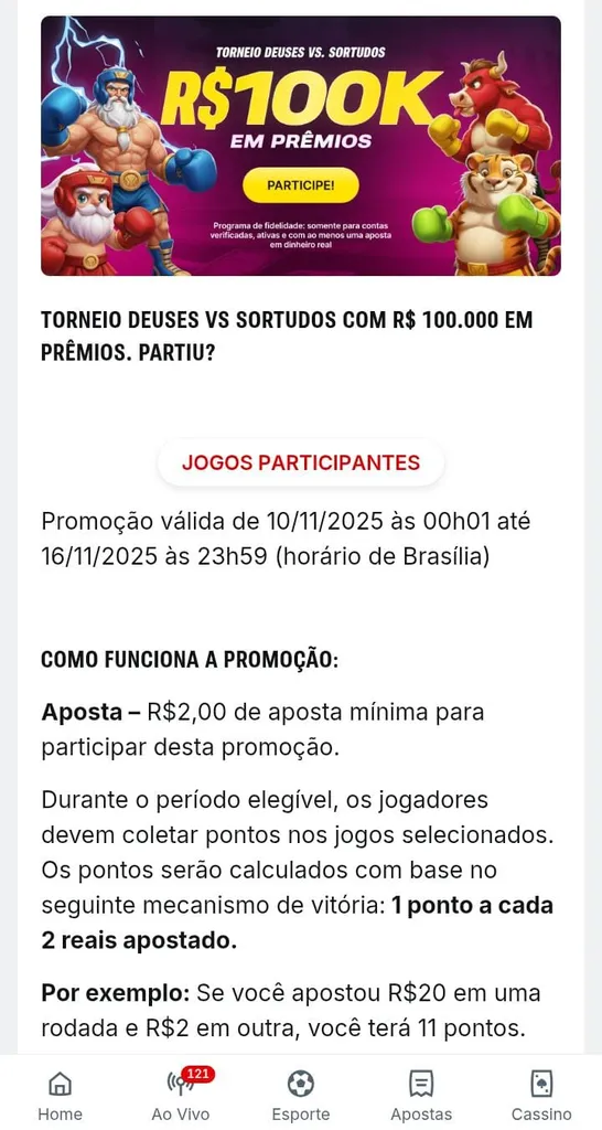 Torneio Deuses vc Sortudo da Superbet de R$100k em prêmios, com personagens dos jogos no banner e texto explicativo