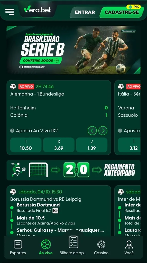 Seção de esportes na Vera Bet com jogos ao vivo para apostar e sugestão de apostas combinadas