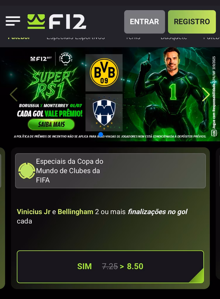 Super odds na F12.Bet para Vini Jr e Bellingham terem 2 ou mais finalizações com odds de 7.25 por 8.50.