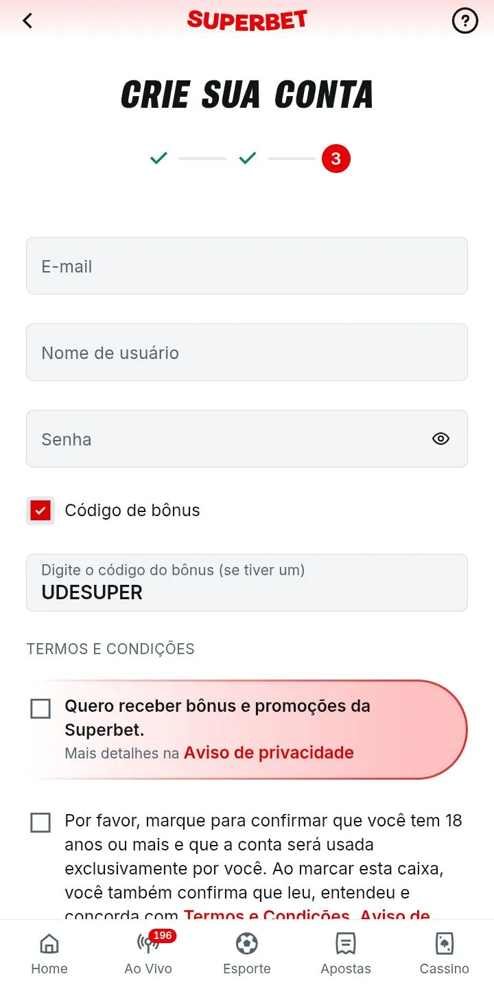 Parte 3 do formulário de inscrição da Superbet, com o código UDESUPER inserido no campo Código de Bônus
