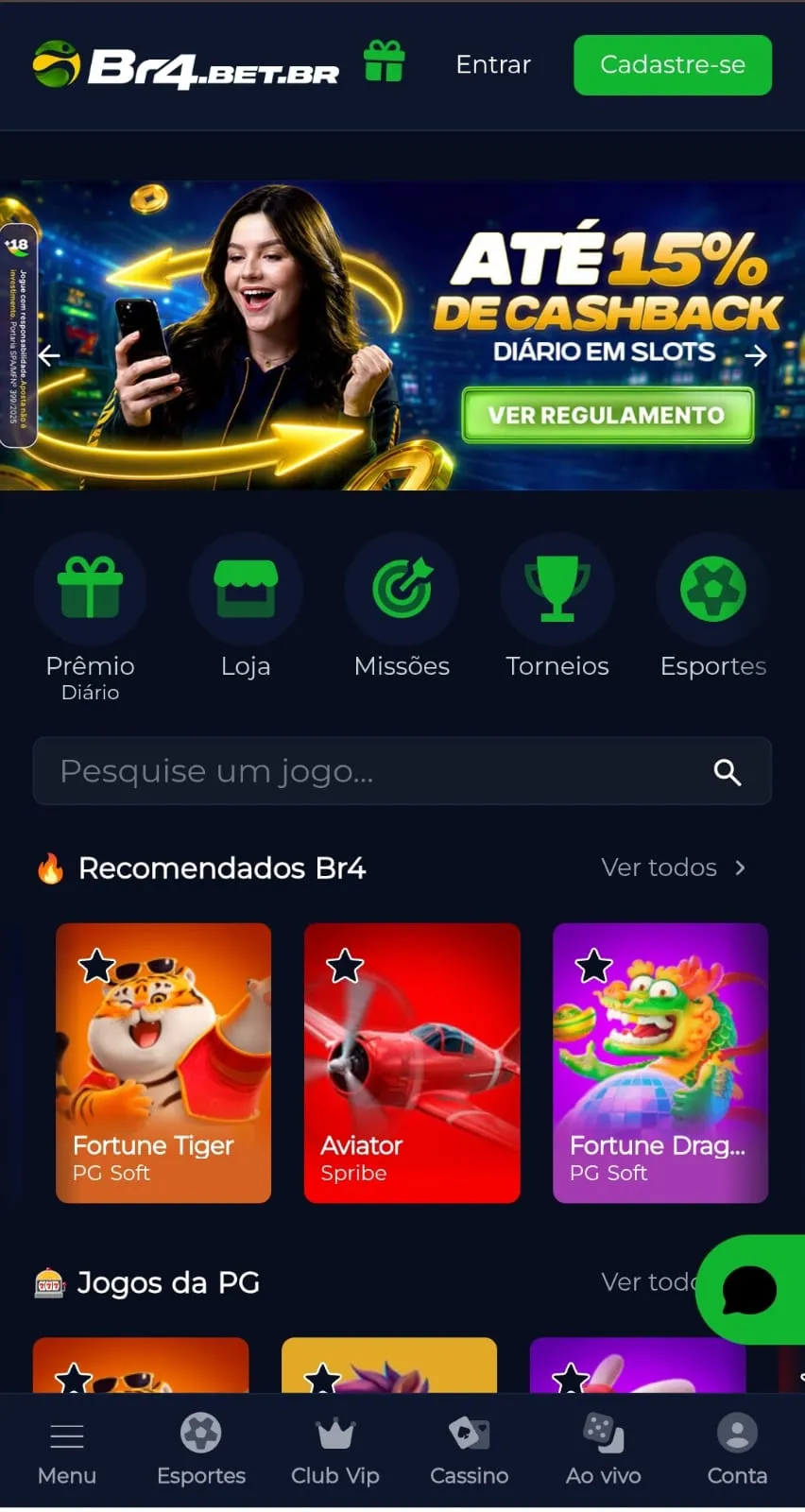 Banner do programa de cashback diário em slots de até 15% da Br4Bet, com destaque para os ícones dos jogos recomendados, incluindo Fortune Tiger, Aviator e Fortune Dragon.