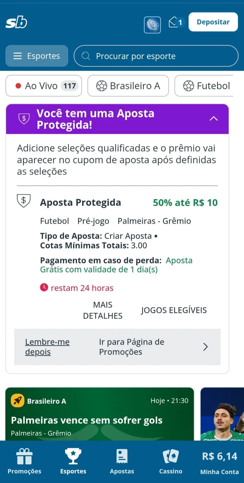 Oferta Aposta Protegida da Sportingbet com jogo indicado para apostar e ter reembolso se perder.