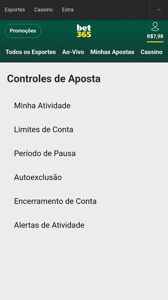 Ferramentas de jogo responsável da Bet365 como limites de conta, período de pausa, autoexclusão e encerramento da conta