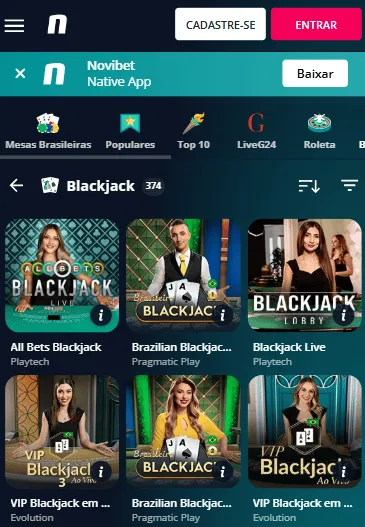 Catálogo de blackjack na Novibet com All Bets Blackjack, Brazilian Blackjack e mais.