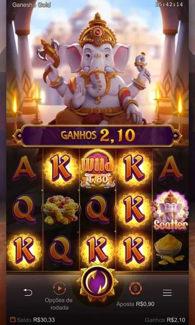 Ganho de R$2,10 no slot Ganesha Gold, com figuras k, Wild e Scatter e o Ganesha acima das bobinas