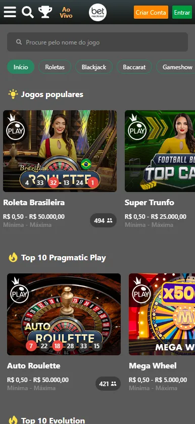 Mesas Brasileiras no Cassino Ao Vivo da Betnacional entre os jogos mais populares e o top 10 da Pragmatic Play.
