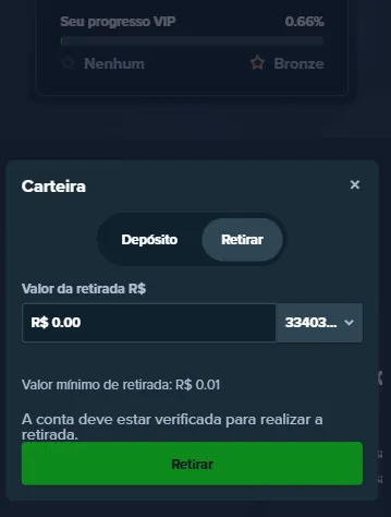 Carteira da Stake com campo para preencher o valor do saque sem limite mínimo e botão de confirmar a retirada.