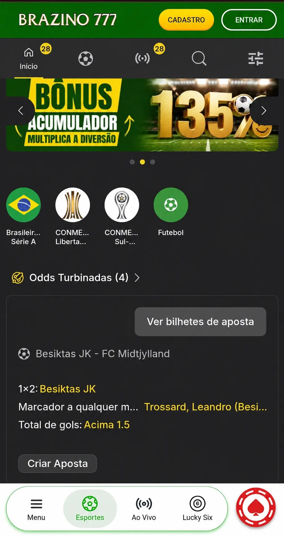 Mercados com odds turbinadas na área de apostas esportivas da Brazino777.