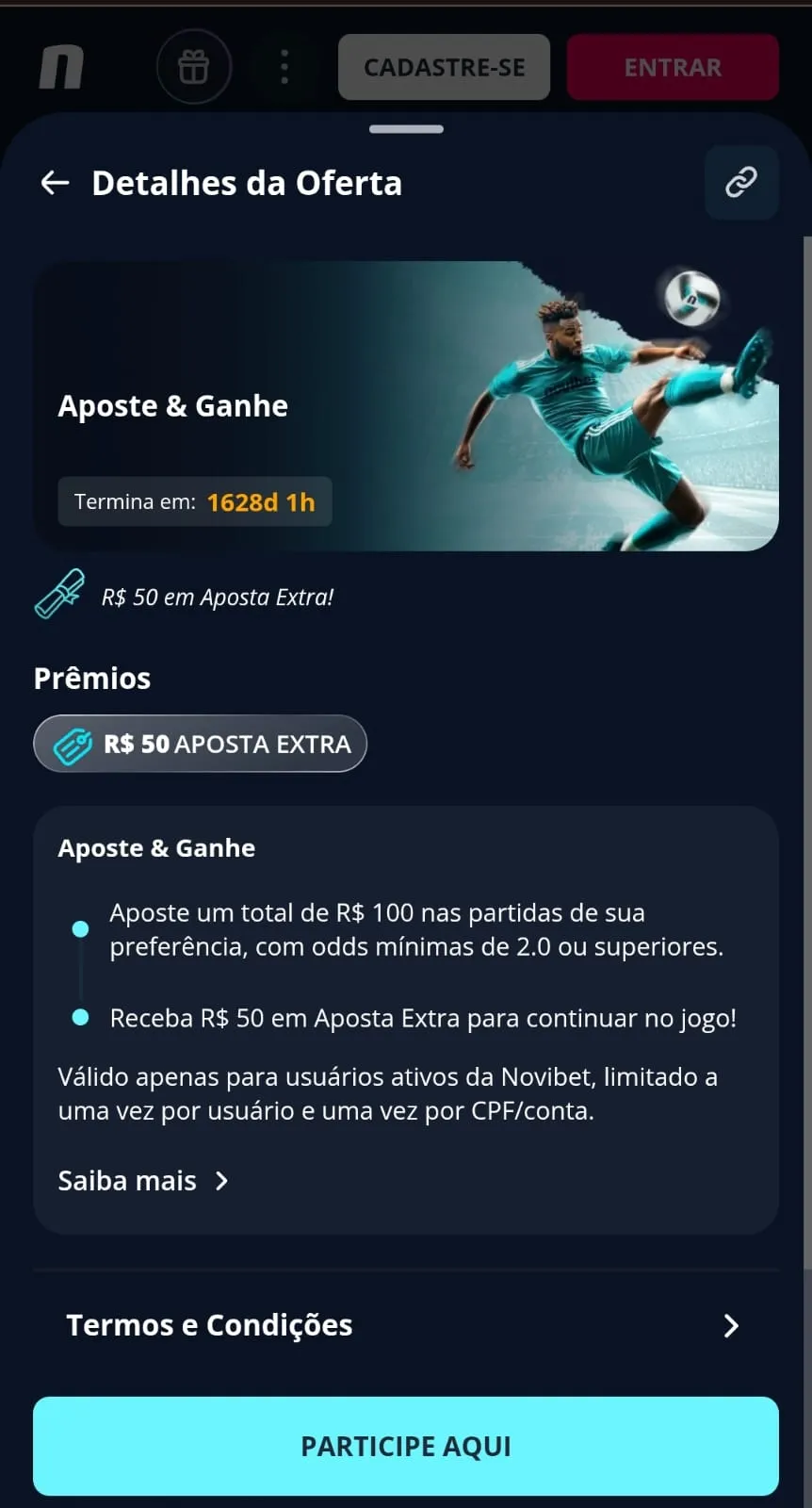 Tela da oferta Aposte & Ganhe da Novibet, uma das novas casas de apostas, com R$ 50 em aposta extra.