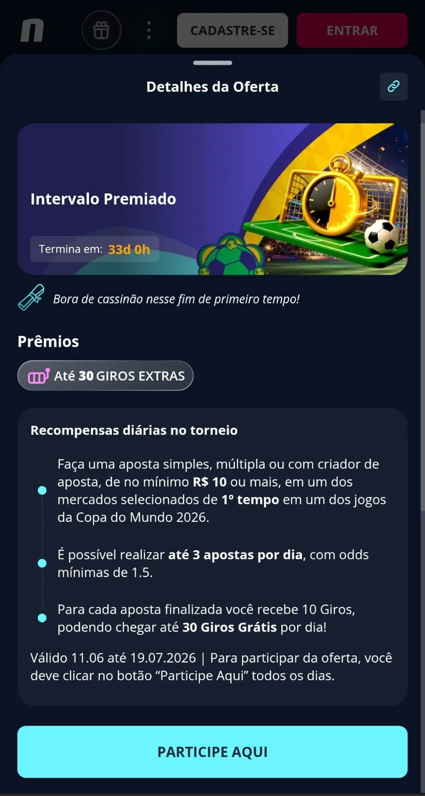 Promoção "Intervalo Premiado" na Novibet com até 30 giros grátis diariamente para apostas nos mercados de 1.º tempo da Copa do Mundo.