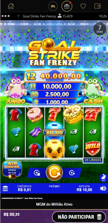 Slot Goal Strike Fan Frenzy
na BetMGM com tema de futebol