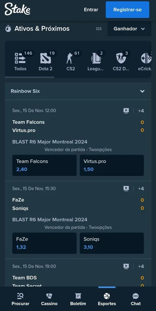 Apostas em e-sports do Stake app com jogos Rainbow Six e odds para vencedor da partida.