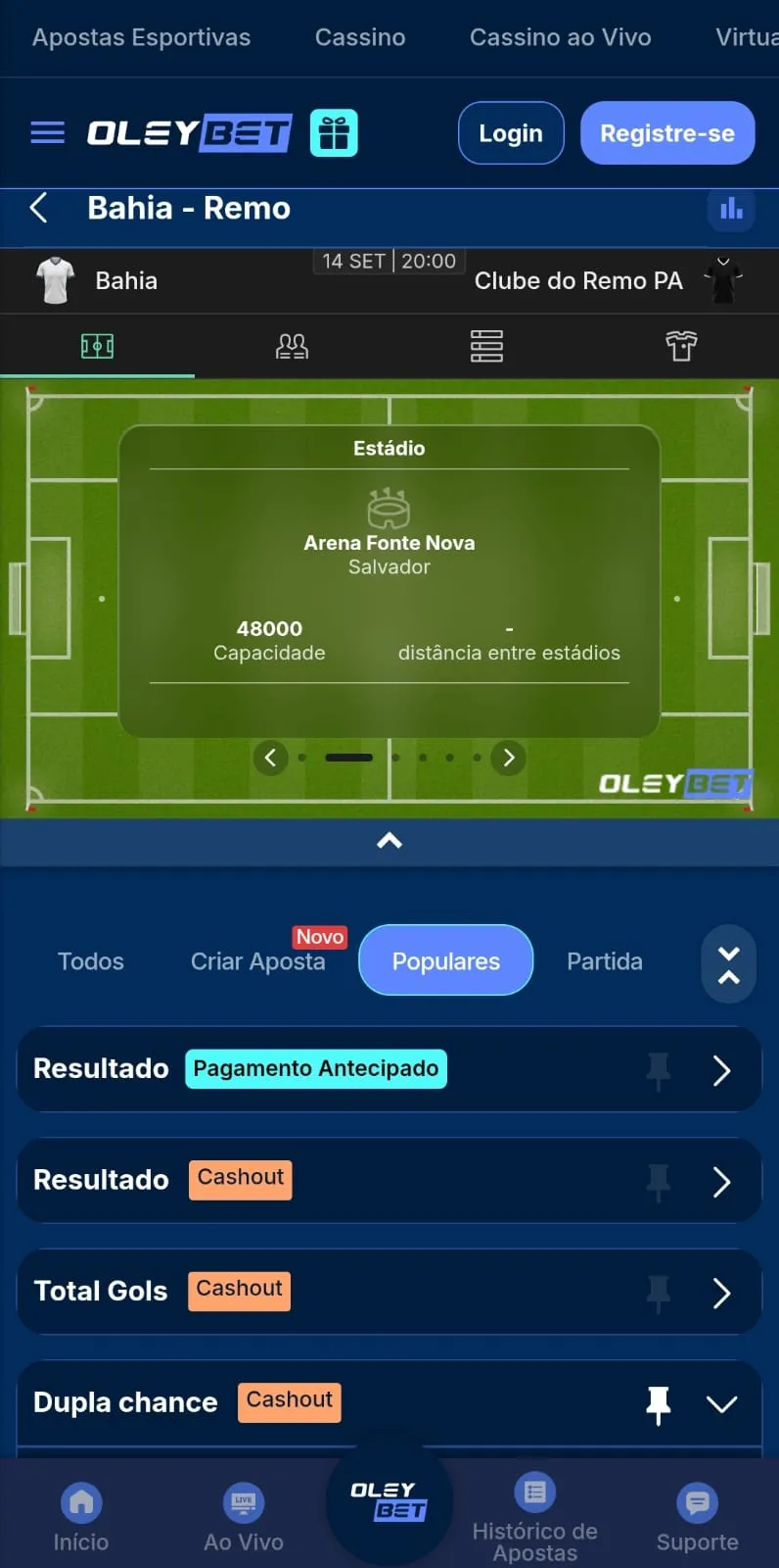 Mercado de Dupla Chance na Oley Bet com cash out disponível.