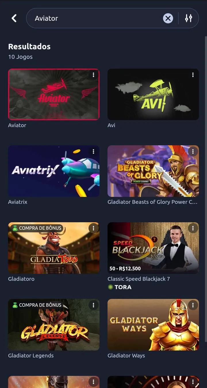 Resultado da busca pelo jogo Aviator na Betano, com 10 jogos cmo resultado, incluindo Aviator, Avi e Aviatrix
