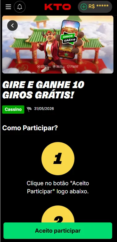 Oferta Gire e Ganhe giros grátis na KTO, com banner do jogo Fortune Ox e texto de Como Participar