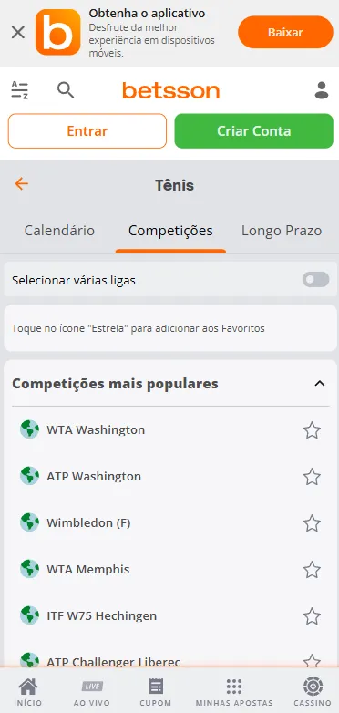 Competições de tênis na Betsson com lista de torneios populares, incluindo WTA Washington e Wimbledon Feminino.