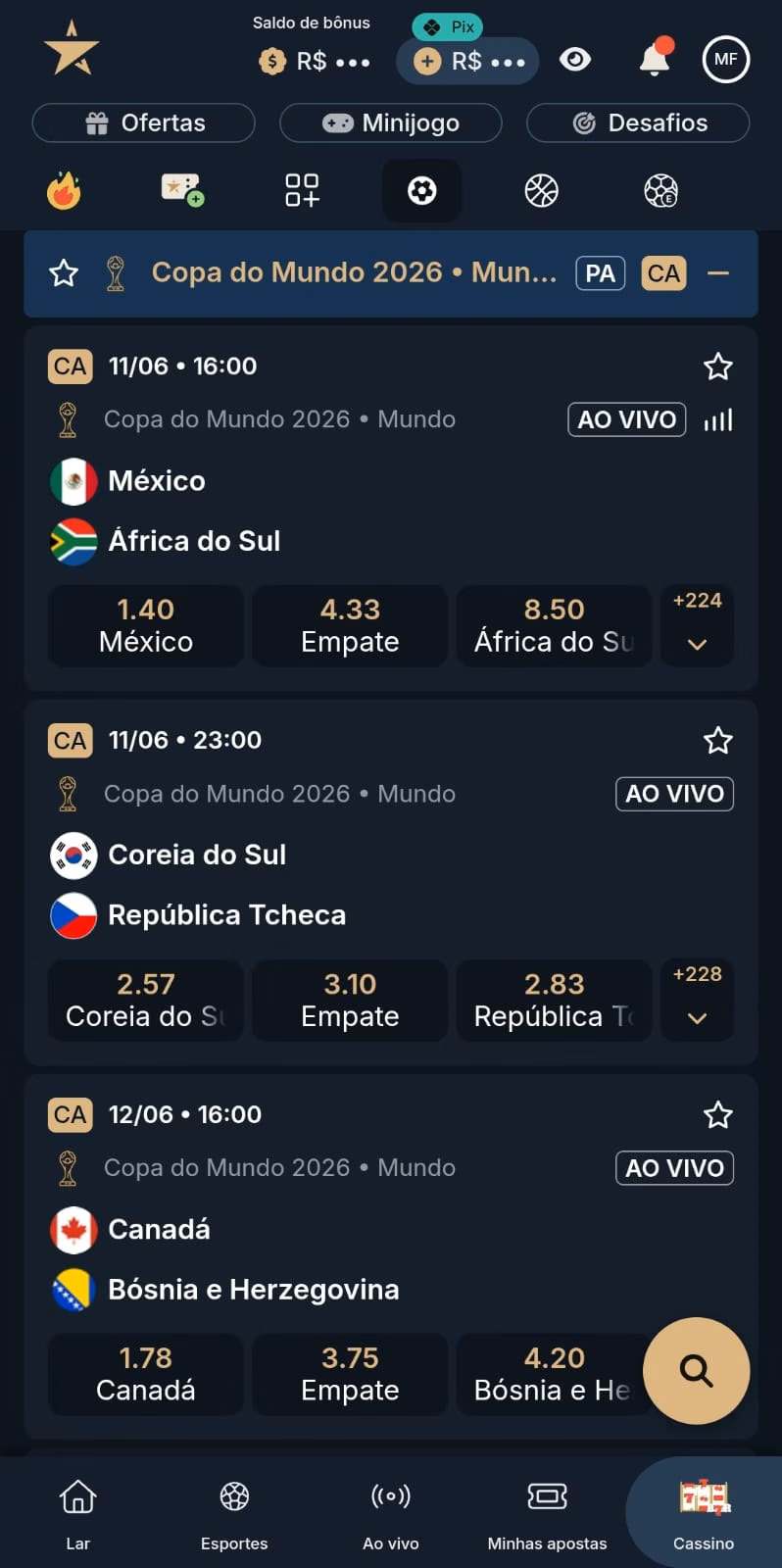 Captura de tela dos jogos da seção de Copa do Mundo, com odds do mercado 1x2.